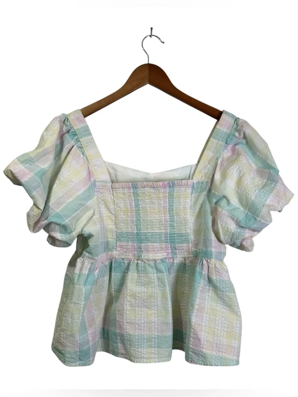 Old Navy Women’s L Pastel Puff-Sleeve Seersucker Babydoll Milkmaid Swing Blouse